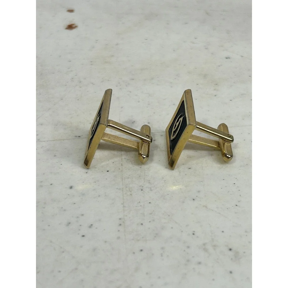 Vintage Hickok USA Gold Tone Black Enamel Initial G Square Cufflinks Mid Century